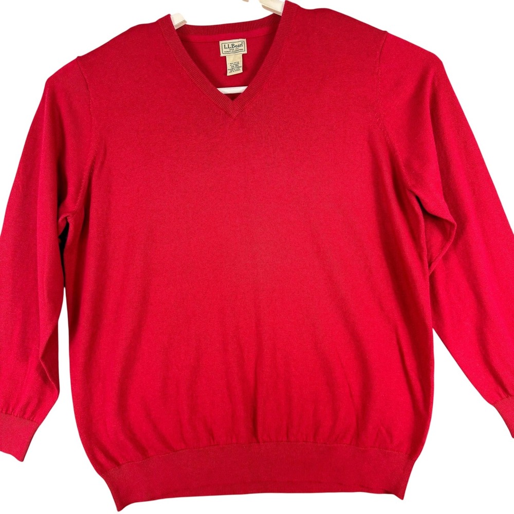 LL Bean Sweater Mens 2XL Red V Neck Cotton Cashmere‎ Pullover Knit Solid